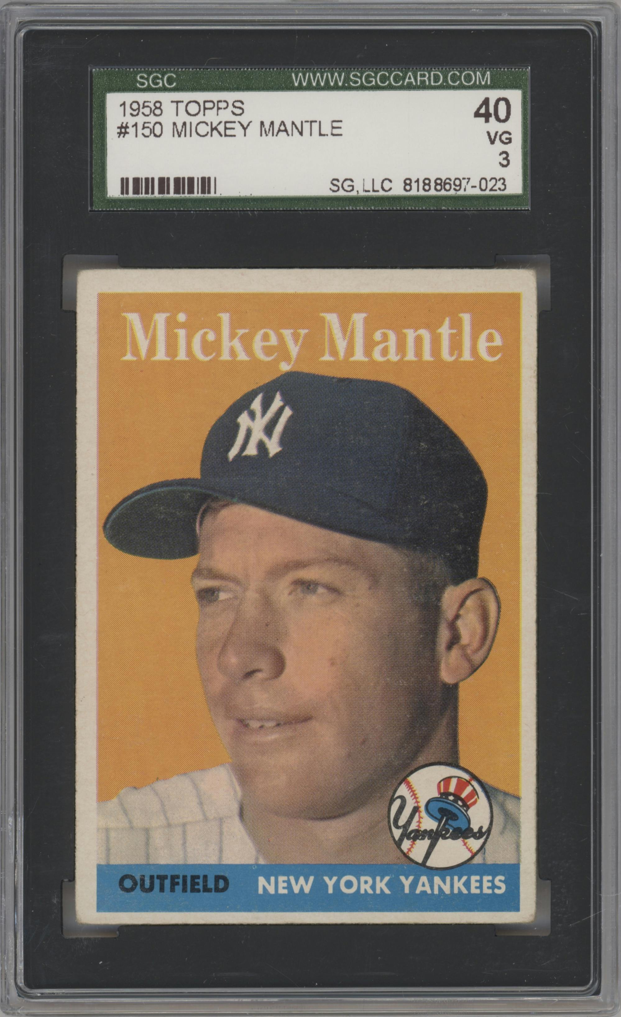 Mickey Mantle from the 1958 Topps set graded by SGC and given an overall grade of 3.