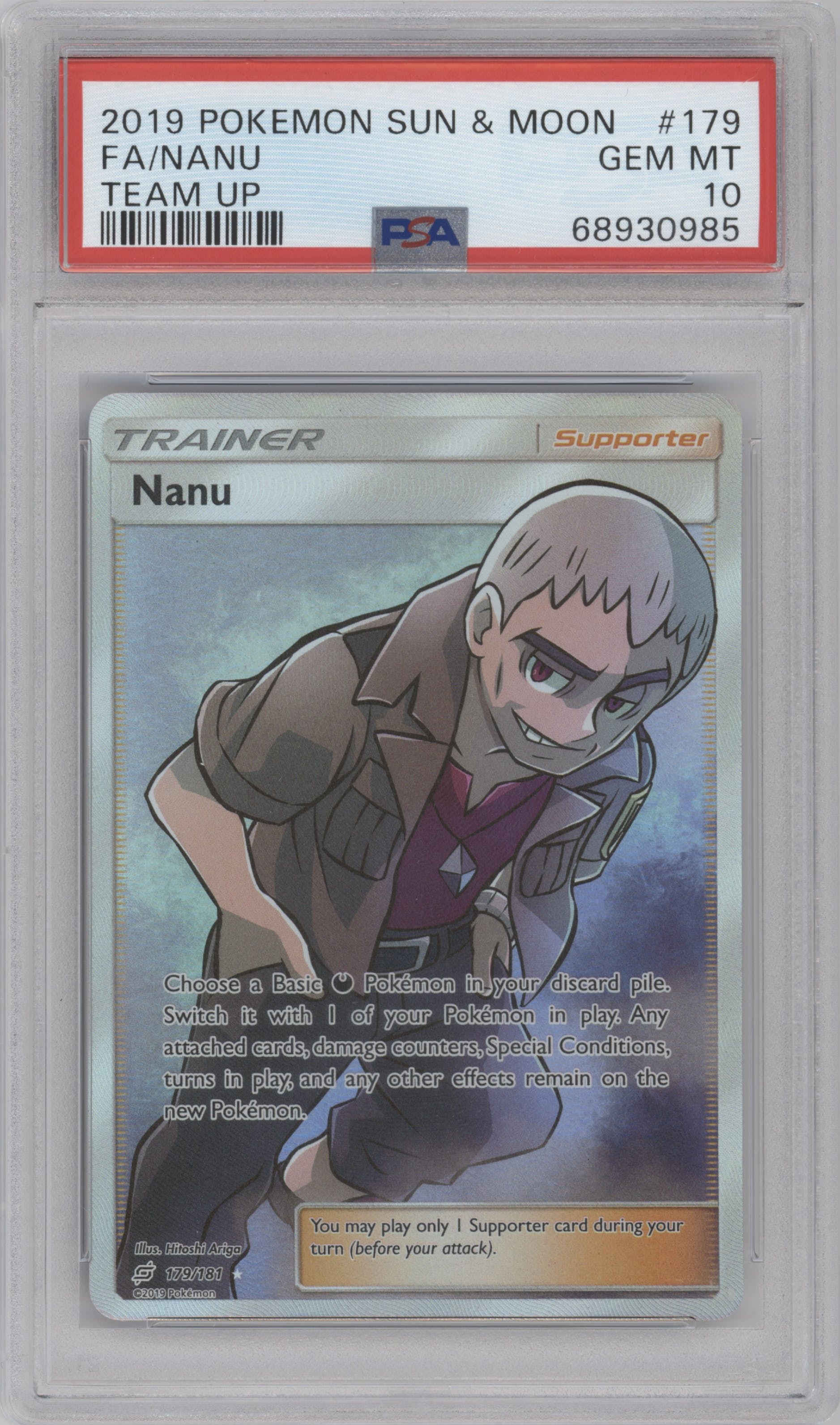 Nanu from the 2019 Pokemon S&M  set graded by PSA and given an overall grade of 10.