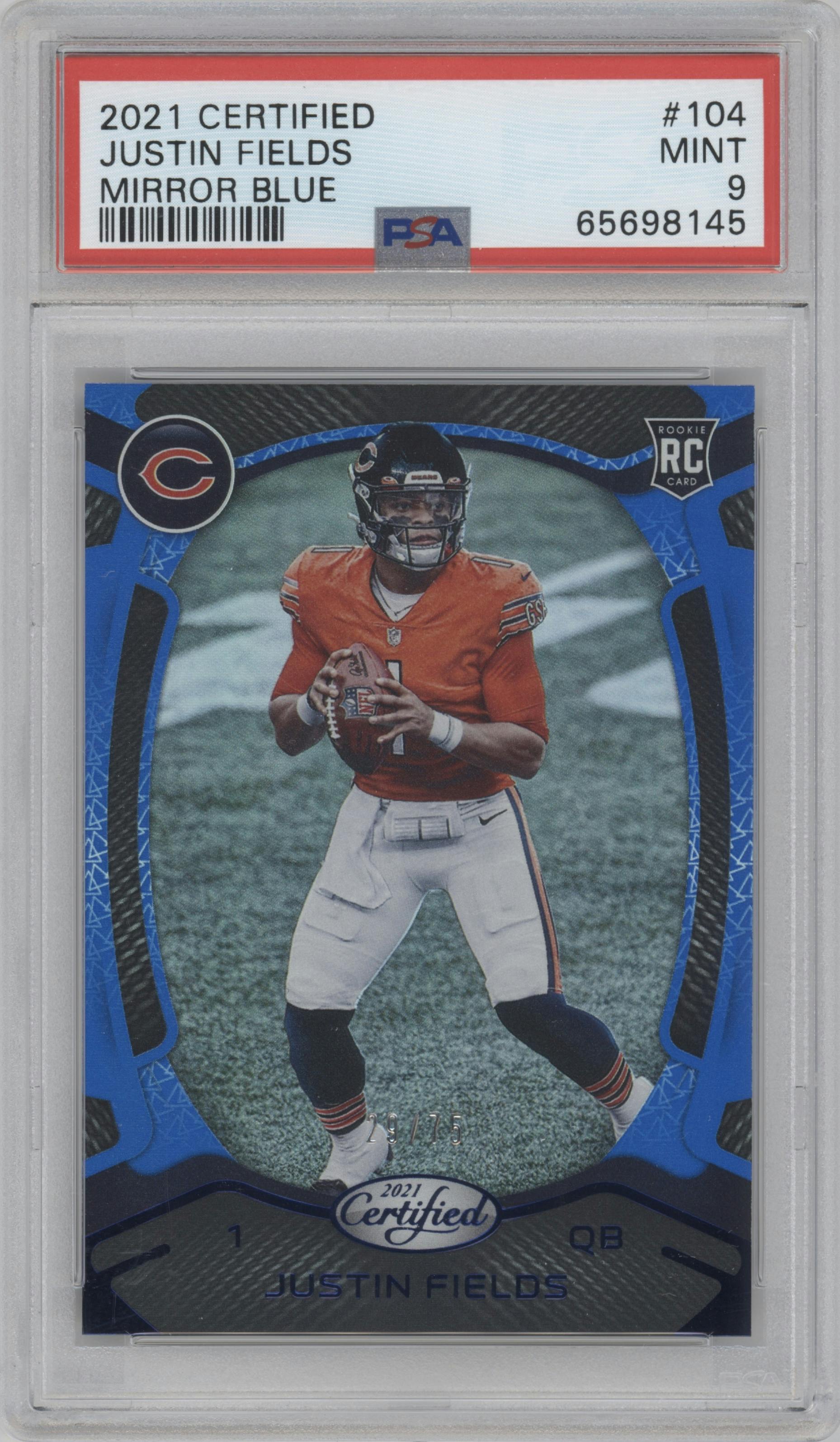 Justin Fields from the 2021 Panini Certified set featuring a Mirror Blue parallel graded by PSA and given an overall grade of 9.