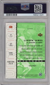 LeBron James from the 2003 UD Top Prospects set graded by PSA and given an overall grade of 10.