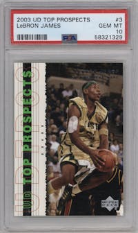 LeBron James from the 2003 UD Top Prospects set graded by PSA and given an overall grade of 10.