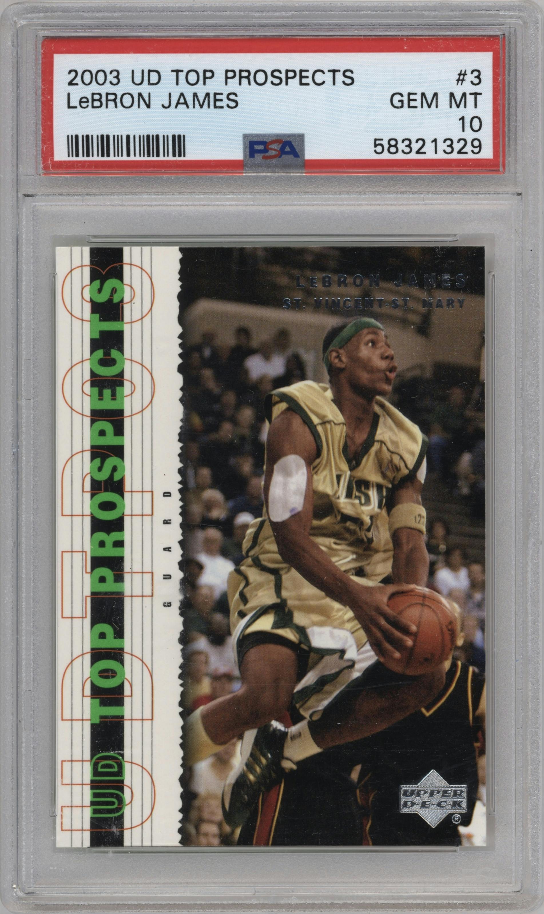 LeBron James from the 2003 UD Top Prospects set graded by PSA and given an overall grade of 10.