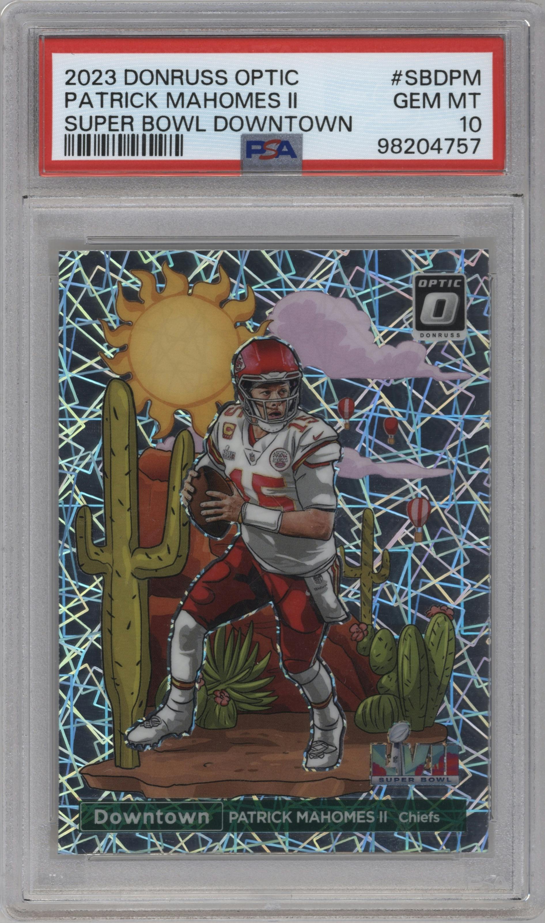 Patrick Mahomes II from the 2023 Donruss Optic set graded by PSA and given an overall grade of 10.