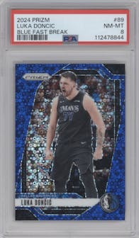 Luka Doncic from the 2024-25 Panini Prizm set featuring a Fast Break Blue parallel graded by PSA and given an overall grade of 8.