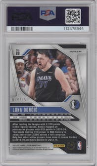 Luka Doncic from the 2024-25 Panini Prizm set featuring a Fast Break Blue parallel graded by PSA and given an overall grade of 8.