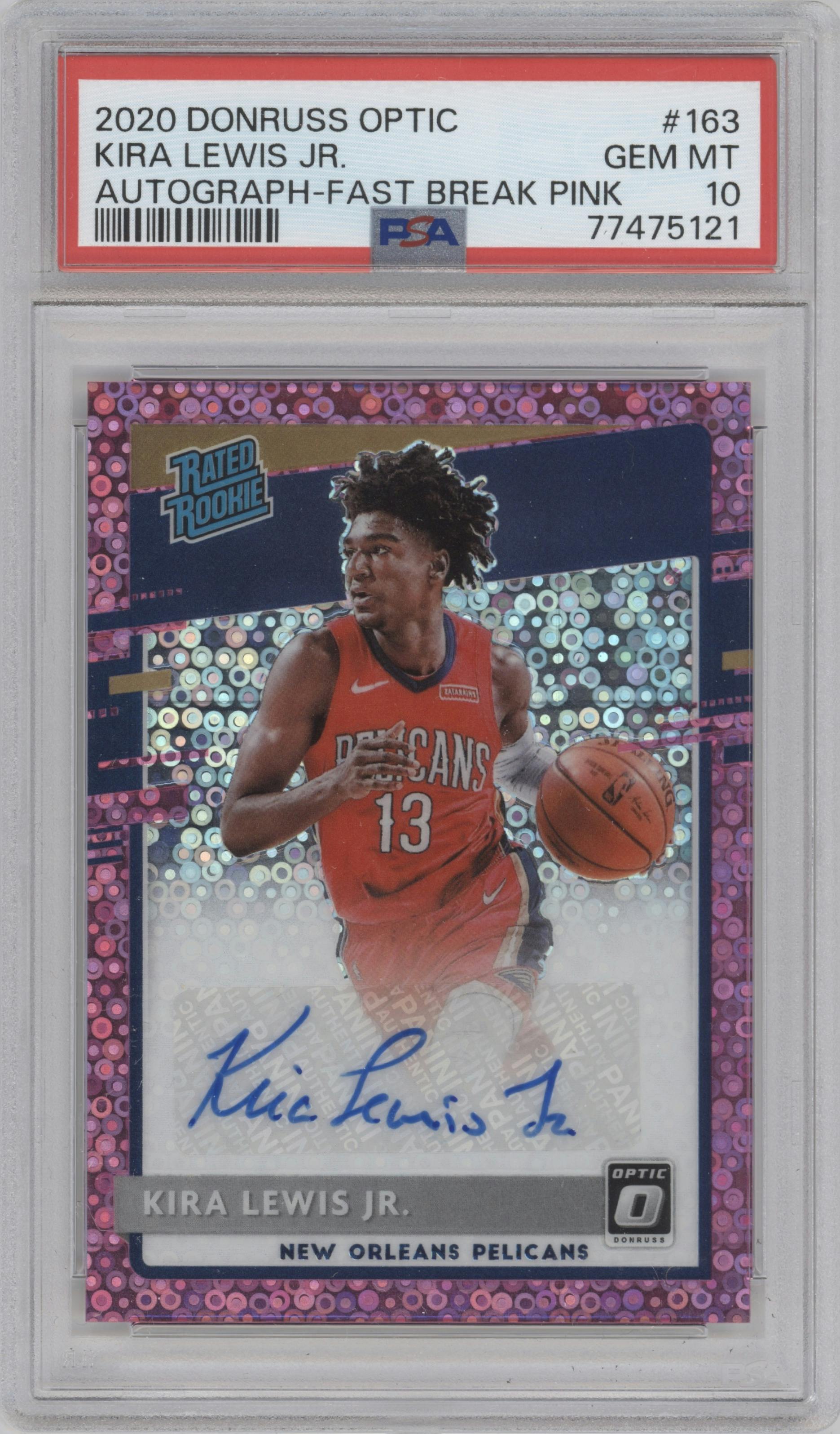Kira Lewis Jr. from the 2020-21 Panini Donruss Optic set featuring a Fast Break Pink parallel graded by PSA and given an overall grade of 10.
