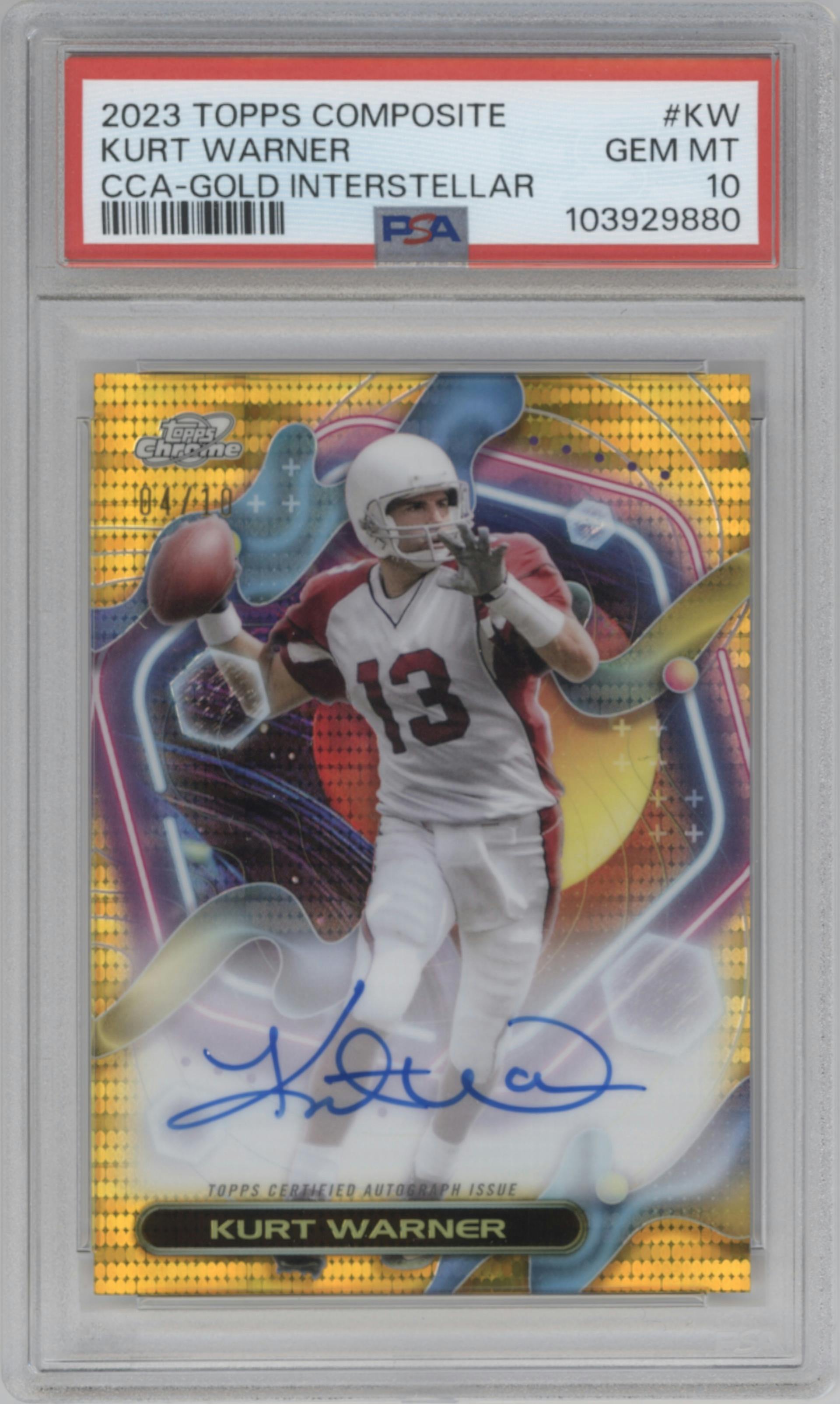 Kurt Warner from the 2023 Topps Composite set featuring a Gold Interstellar parallel graded by PSA and given an overall grade of 10.