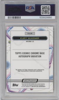 Kurt Warner from the 2023 Topps Composite set featuring a Gold Interstellar parallel graded by PSA and given an overall grade of 10.