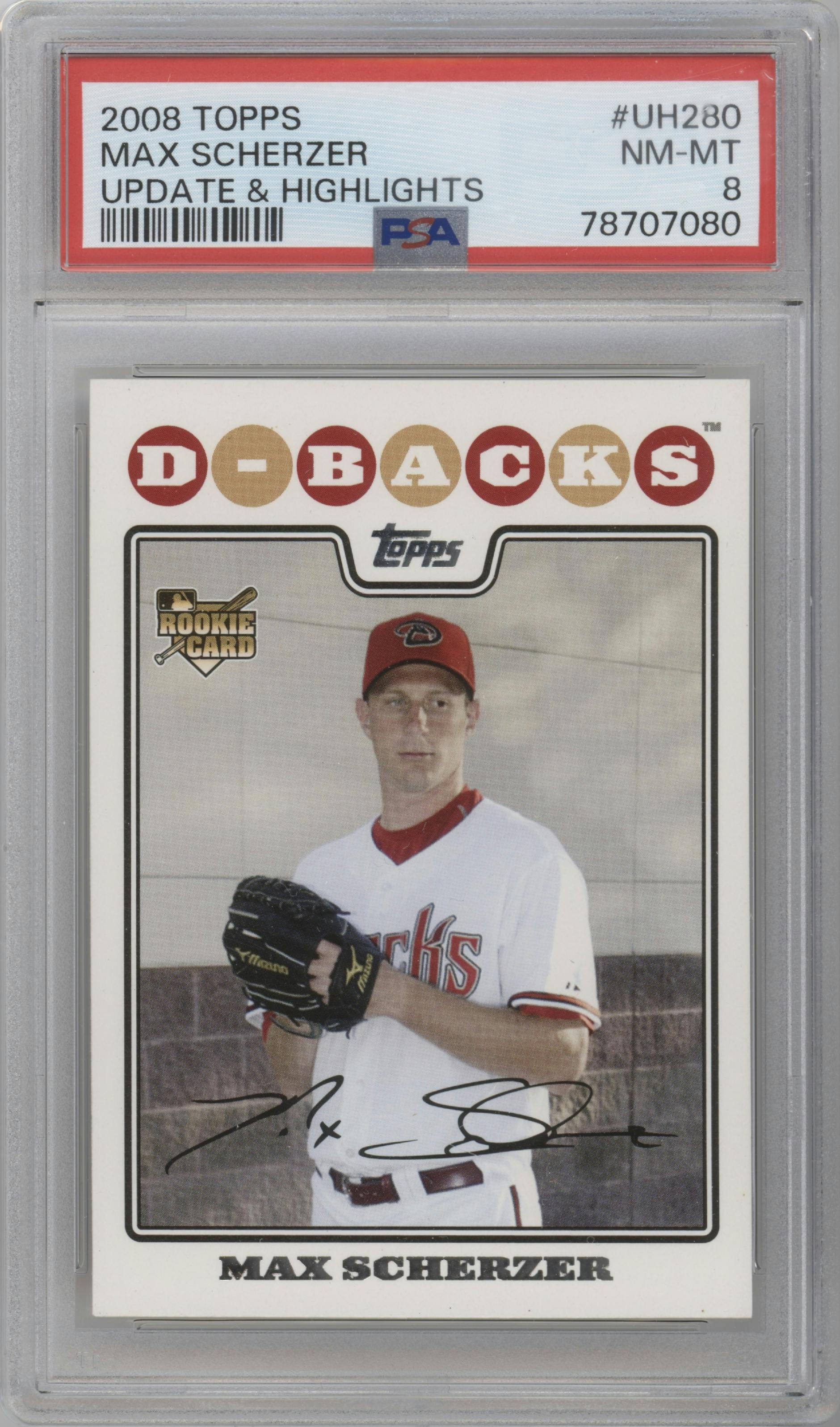 Max Scherzer from the 2008 Topps Updates & Highlights set graded by PSA and given an overall grade of 8.