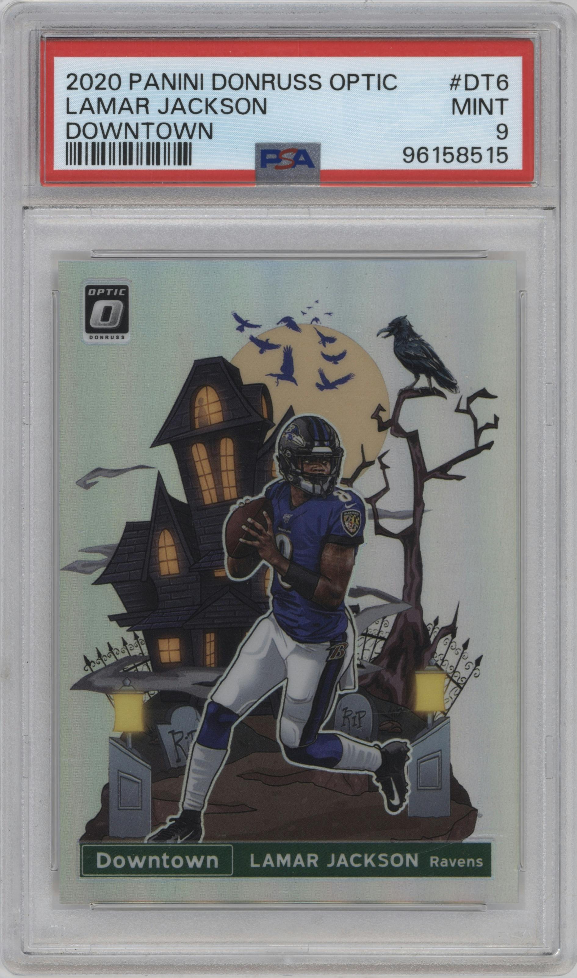 Lamar Jackson from the 2020 Panini Donruss Optic set graded by PSA and given an overall grade of 9.