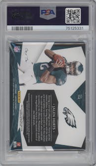 Jalen Hurts from the 2020 Panini Limited set featuring a Yelow Printing Plate parallel graded by PSA and given an overall grade of 8.