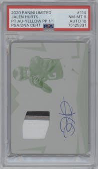 Jalen Hurts from the 2020 Panini Limited set featuring a Yelow Printing Plate parallel graded by PSA and given an overall grade of 8.