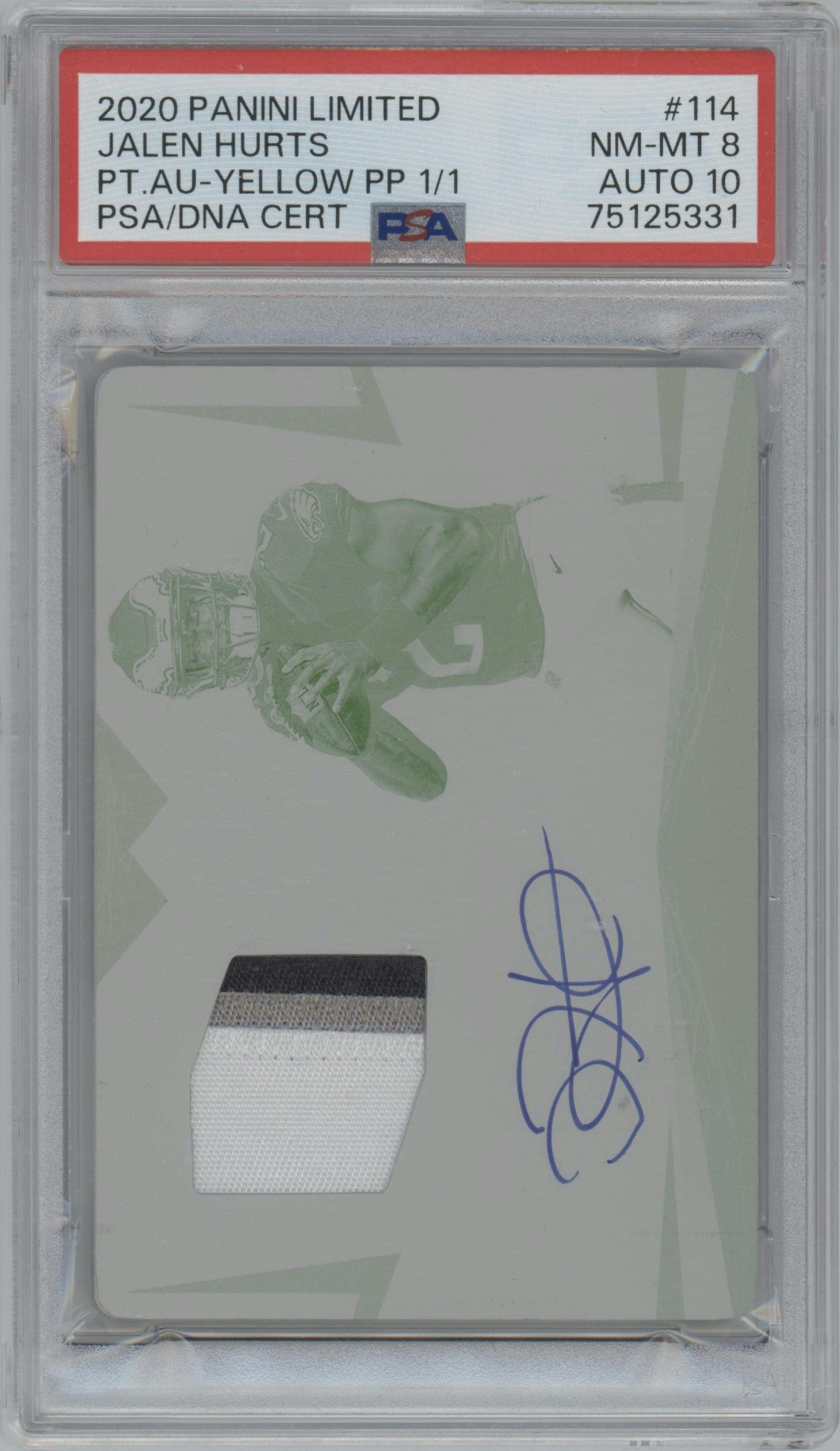 Jalen Hurts from the 2020 Panini Limited set featuring a Yelow Printing Plate parallel graded by PSA and given an overall grade of 8.
