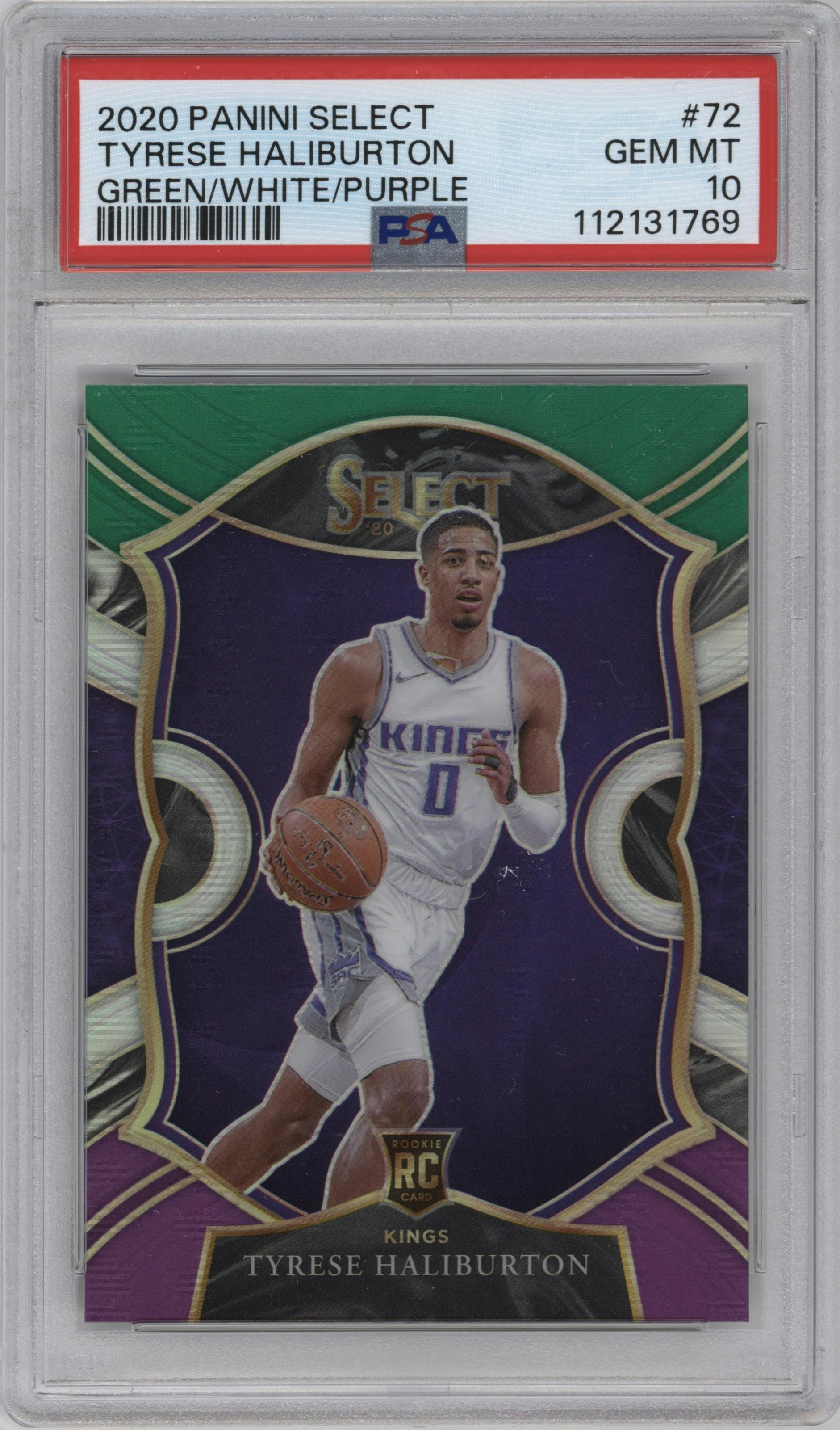 Tyrese Haliburton from the 2020-21 Panini Select  set featuring a Green/White/Purple Prizm  parallel graded by PSA and given an overall grade of 10.
