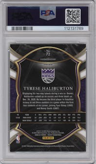 Tyrese Haliburton from the 2020-21 Panini Select  set featuring a Green/White/Purple Prizm  parallel graded by PSA and given an overall grade of 10.