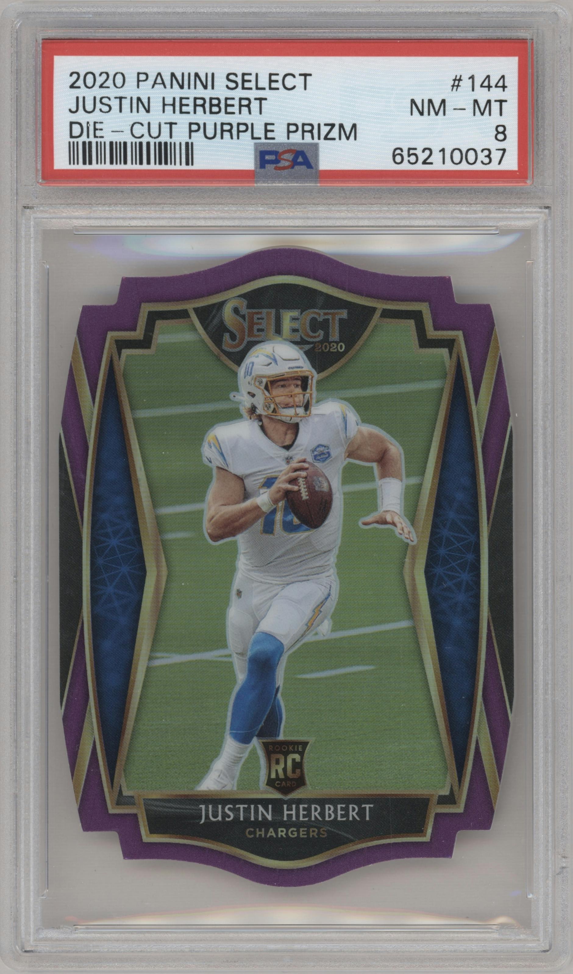 Justin Herbert from the 2020 Panini Select set featuring a Die-Cut Purple parallel graded by PSA and given an overall grade of 8.