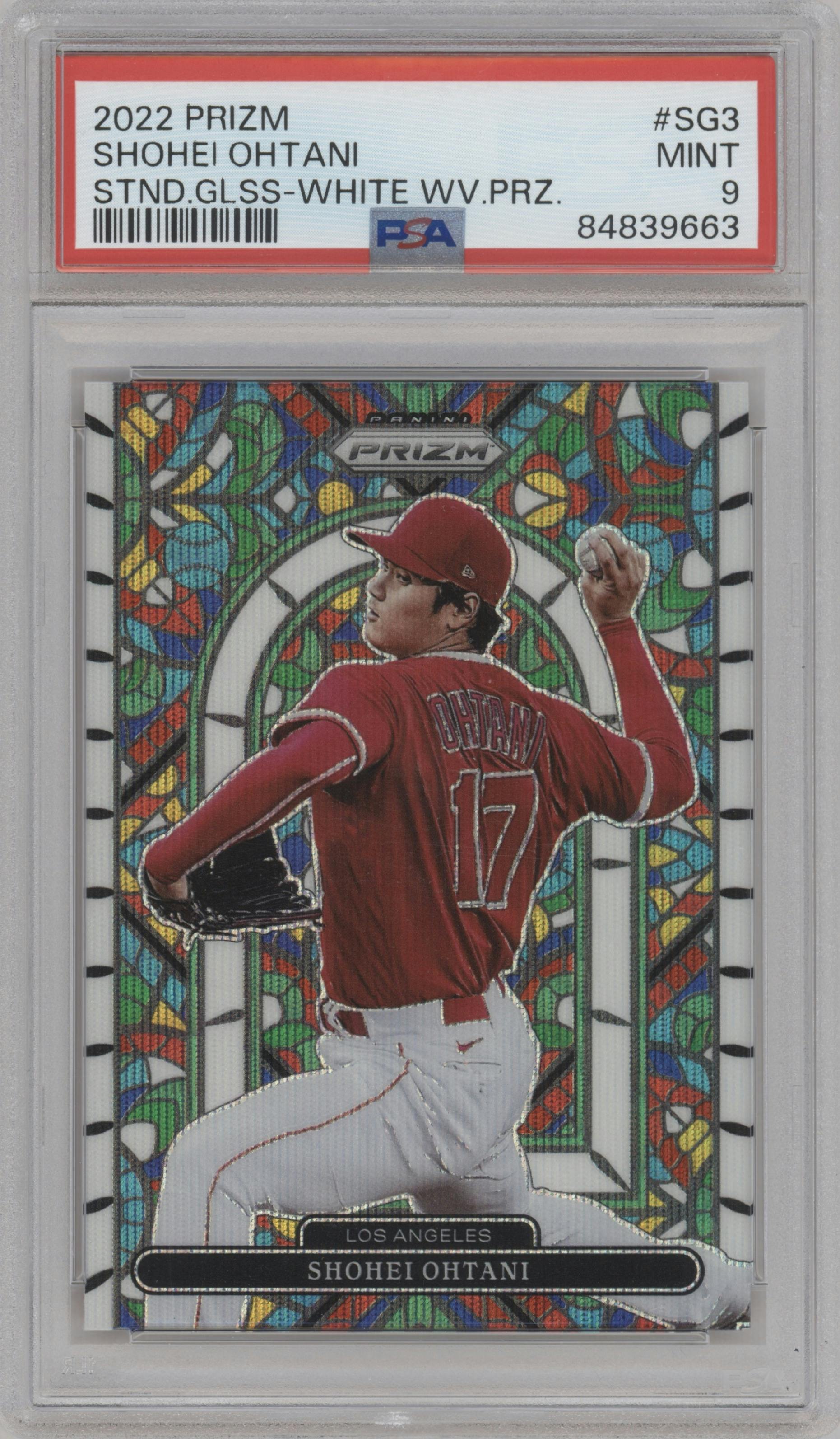 Shohei Ohtani from the 2022 Panini Prizm set featuring a White Wave parallel graded by PSA and given an overall grade of 9.