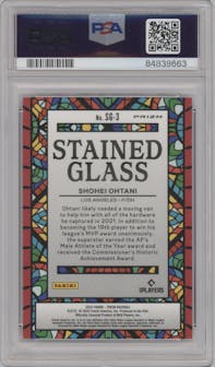Shohei Ohtani from the 2022 Panini Prizm set featuring a White Wave parallel graded by PSA and given an overall grade of 9.