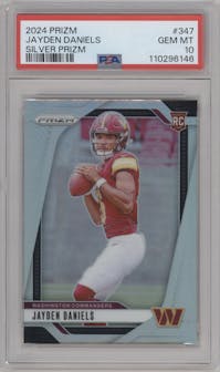 Jayden Daniels from the 2024 Panini Prizm set featuring a Silver Prizm parallel graded by PSA and given an overall grade of 10.