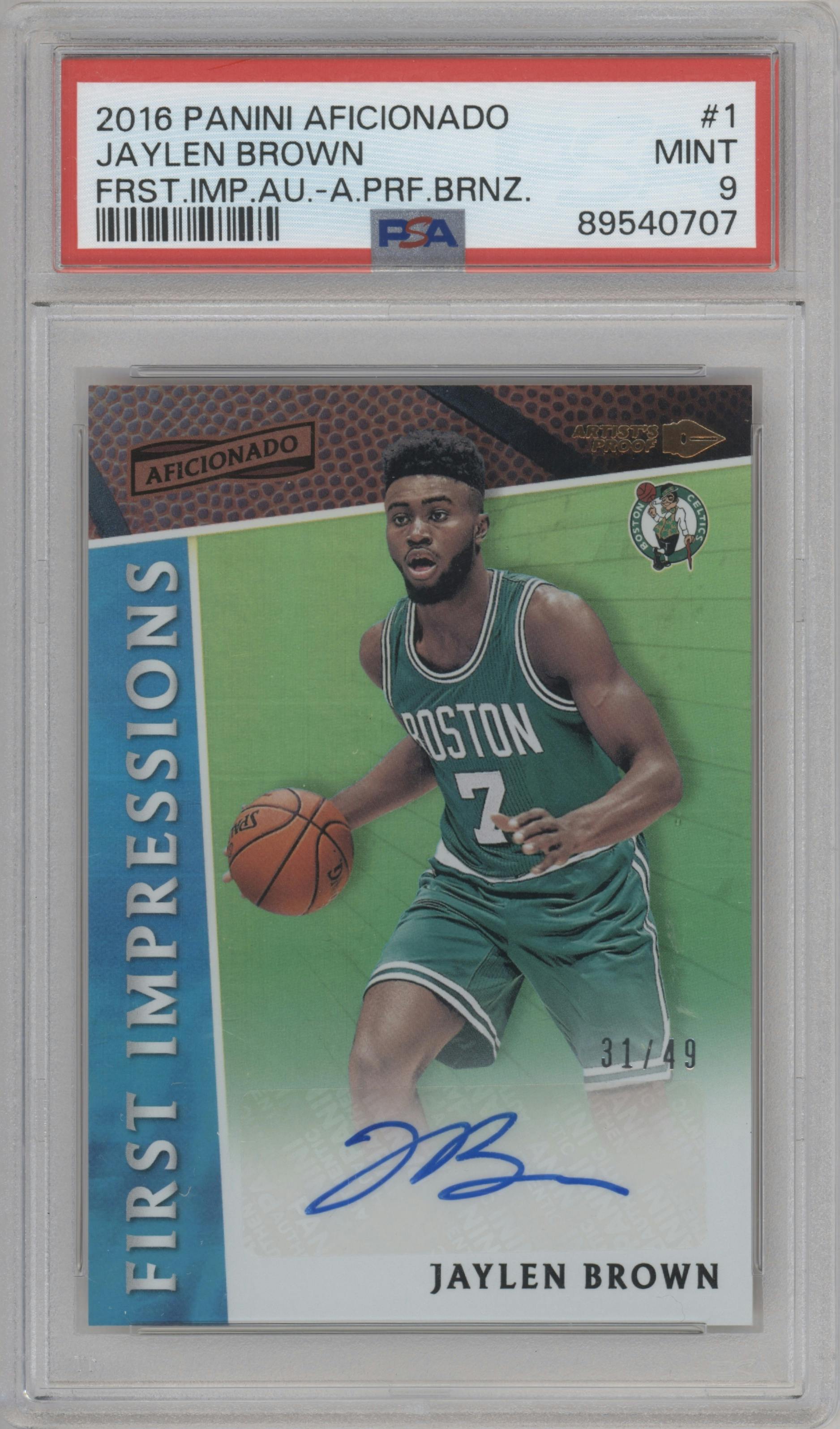 Jaylen Brown from the 2016-17 Panini Aficionado set featuring a Artist's Proof Bronze parallel graded by PSA and given an overall grade of 9.