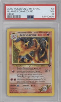 Blaine's Charizard from the 2000 Pokemon GH set graded by PSA and given an overall grade of 3.