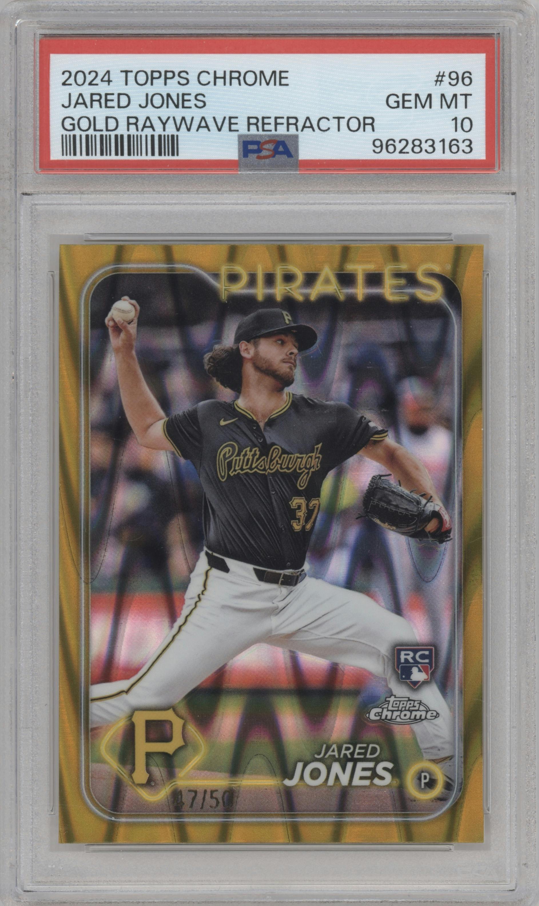 Jared Jones from the 2024 Topps Chrome set featuring a Gold Raywave Refractor parallel graded by PSA and given an overall grade of 10.