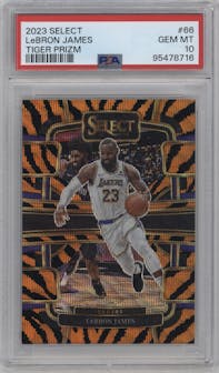 LeBron James from the 2023-24 Panini Select  set featuring a Tiger parallel graded by PSA and given an overall grade of 10.