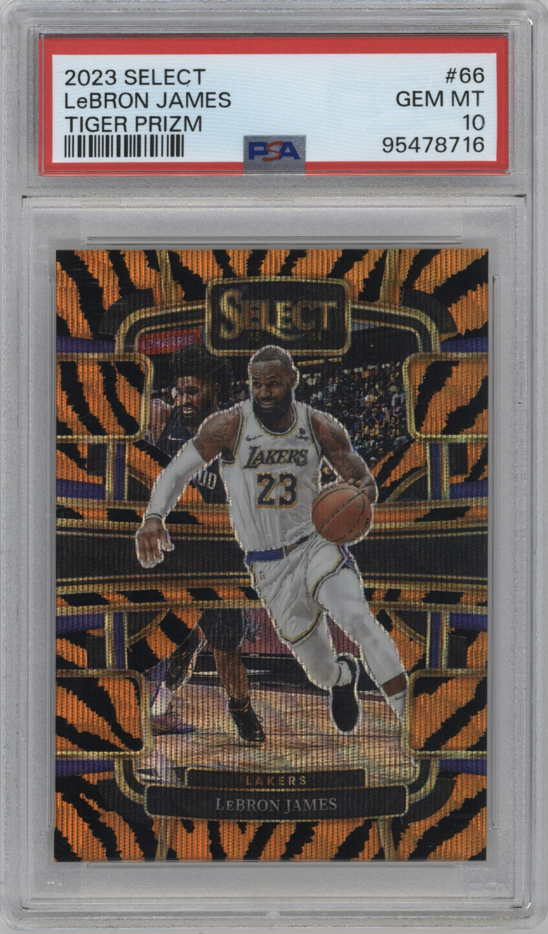 LeBron James from the 2023-24 Panini Select  set featuring a Tiger parallel graded by PSA and given an overall grade of 10.