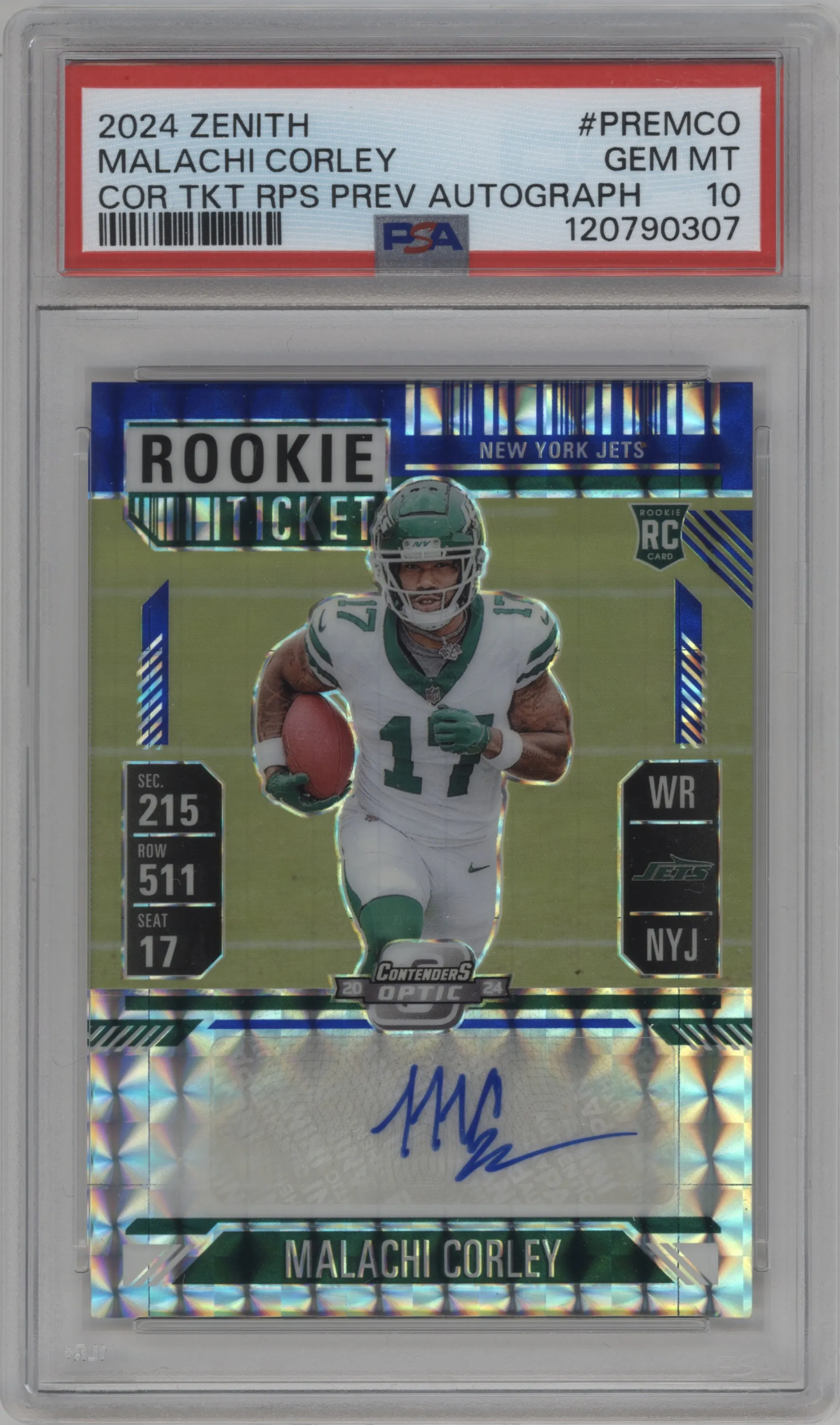 2024 Panini Zenith Cont.Opt.Rke.Tkt.RPS.Prev. Malachi Corley Blue #PRE-MCO PSA 10