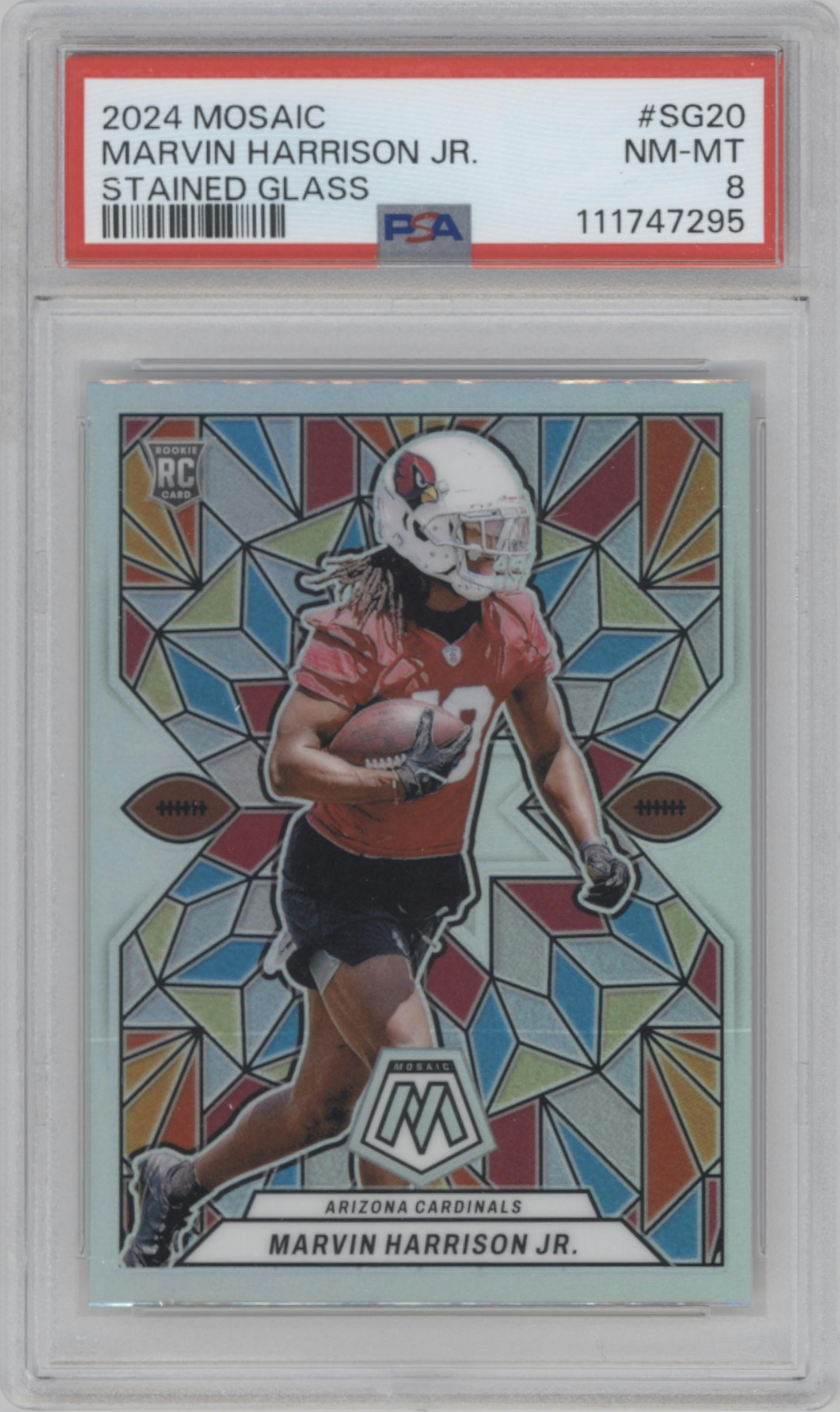 Marvin Harrison Jr. from the 2024 Panini Mosaic set graded by PSA and given an overall grade of 8.