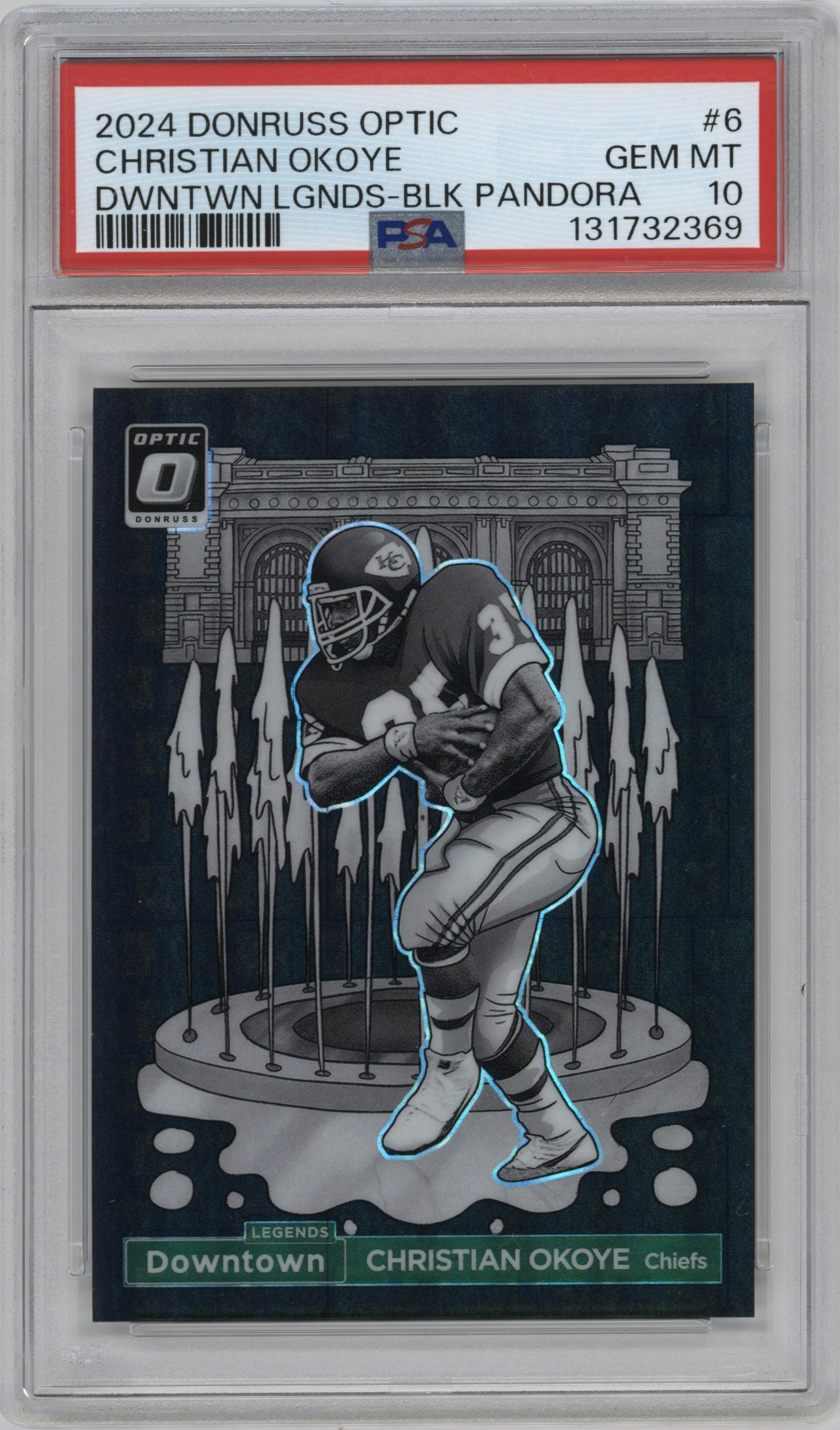 Christian Okoye from the 2024 Donruss Optic set featuring a Black Pandora parallel graded by PSA and given an overall grade of 10.