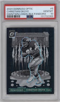 Christian Okoye from the 2024 Donruss Optic set featuring a Black Pandora parallel graded by PSA and given an overall grade of 10.