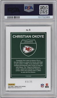 Christian Okoye from the 2024 Donruss Optic set featuring a Black Pandora parallel graded by PSA and given an overall grade of 10.