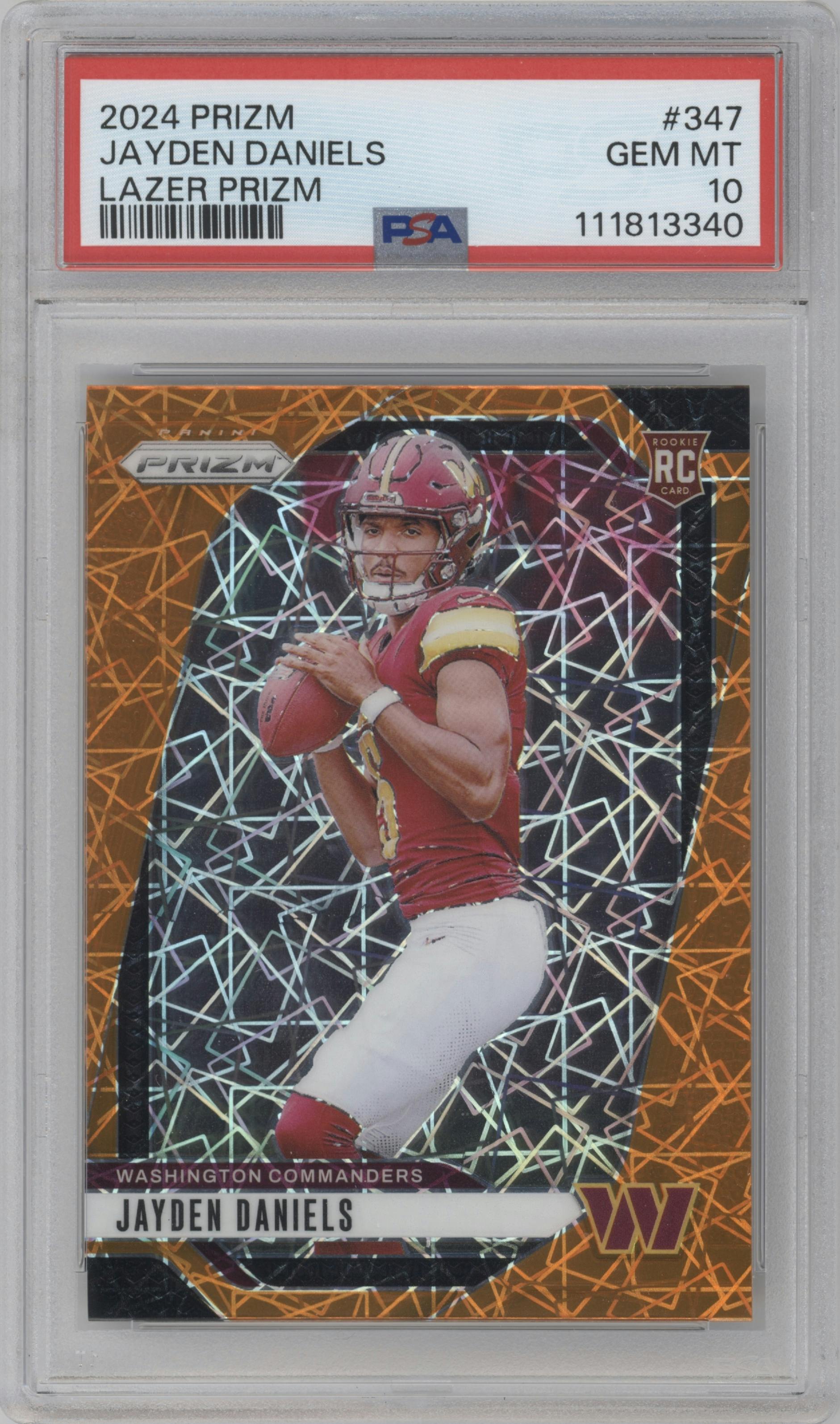 Jayden Daniels from the 2024 Panini Prizm set featuring a Lazer Prizm parallel graded by PSA and given an overall grade of 10.