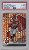 Patrick Mahomes II from the 2021 Panini Mosaic set featuring a Reactive Orange parallel graded by PSA and given an overall grade of 10.