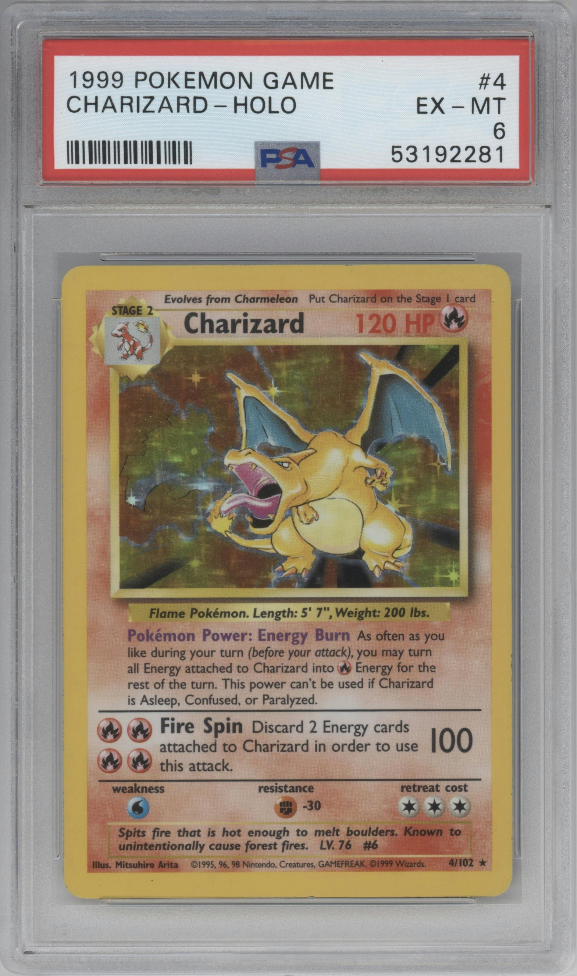 Charizard from the 1999 Pokemon set graded by PSA and given an overall grade of 6.