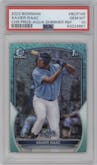 Xavier Isaac from the 2023 Bowman  set featuring a Aqua Shimmer Refractor parallel graded by PSA and given an overall grade of 10.