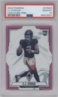 C.J. Stroud from the 2023 Panini Phoenix set featuring a Pink parallel graded by PSA and given an overall grade of 10.