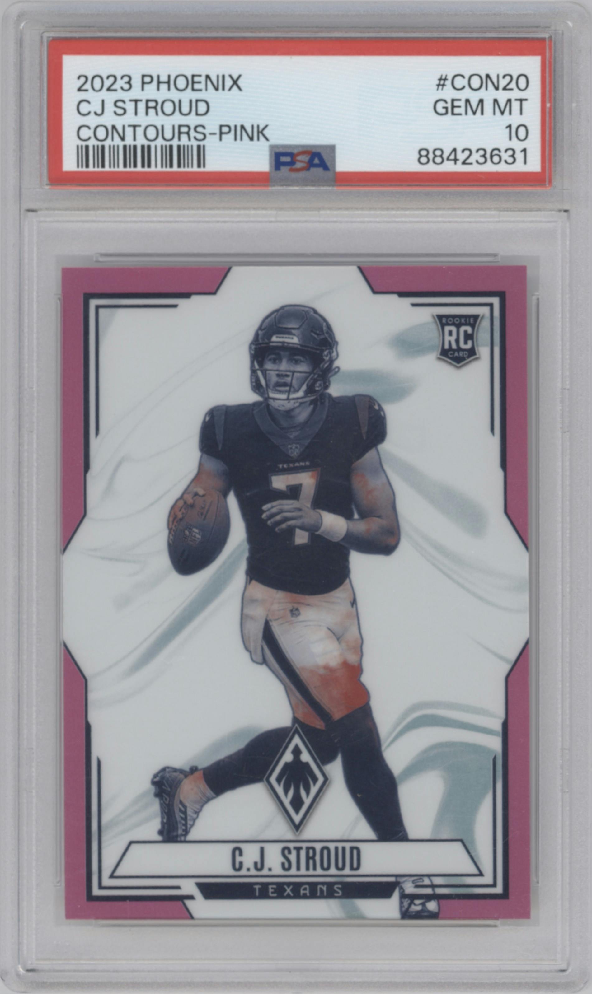 C.J. Stroud from the 2023 Panini Phoenix set featuring a Pink parallel graded by PSA and given an overall grade of 10.