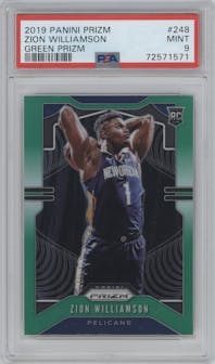 Zion Williamson from the 2019-20 Panini Prizm set featuring a Green Prizm parallel graded by PSA and given an overall grade of 9.
