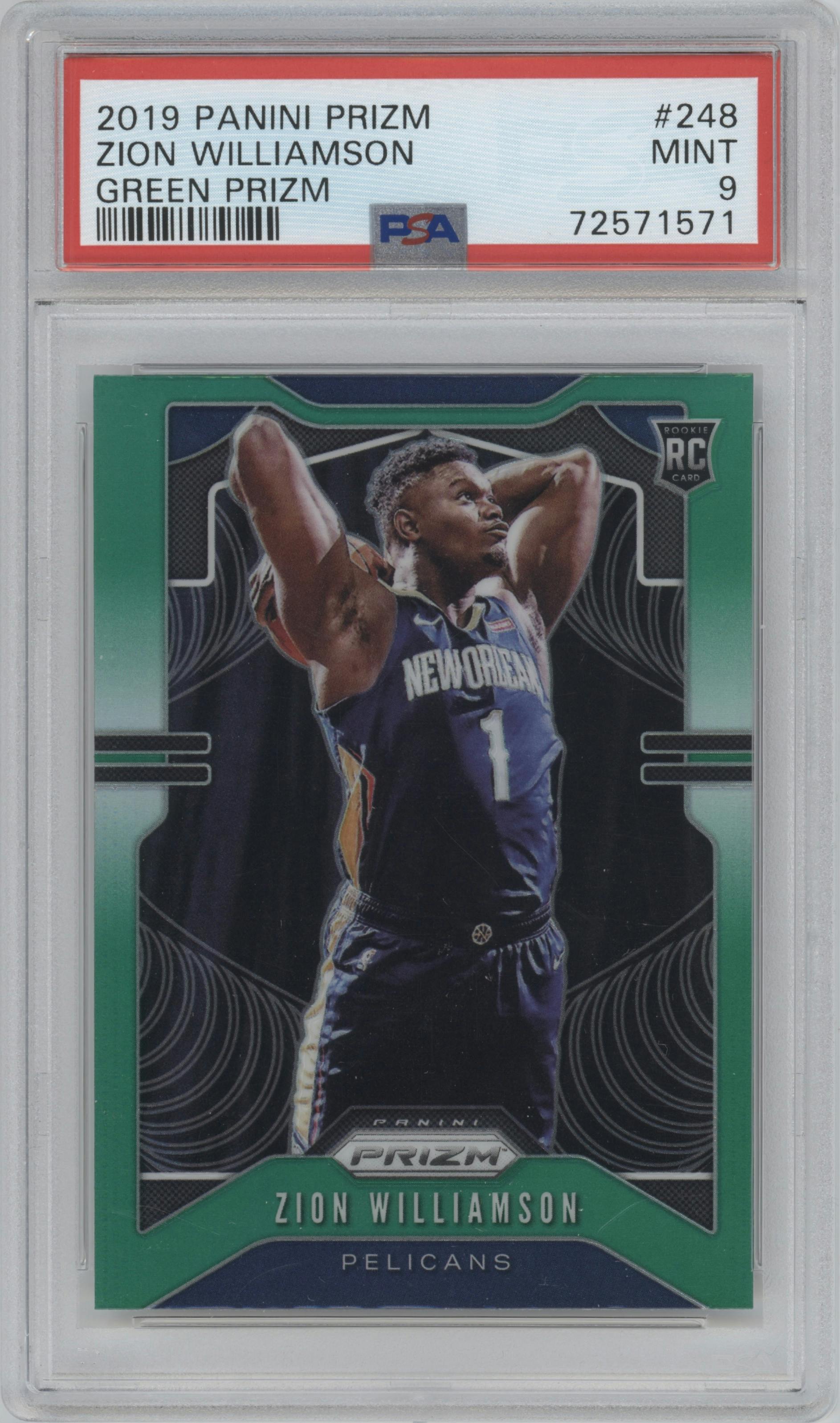 Zion Williamson from the 2019-20 Panini Prizm set featuring a Green Prizm parallel graded by PSA and given an overall grade of 9.