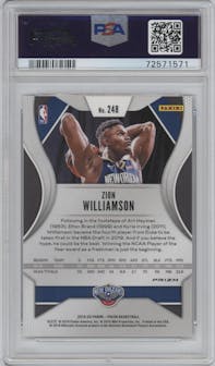 Zion Williamson from the 2019-20 Panini Prizm set featuring a Green Prizm parallel graded by PSA and given an overall grade of 9.