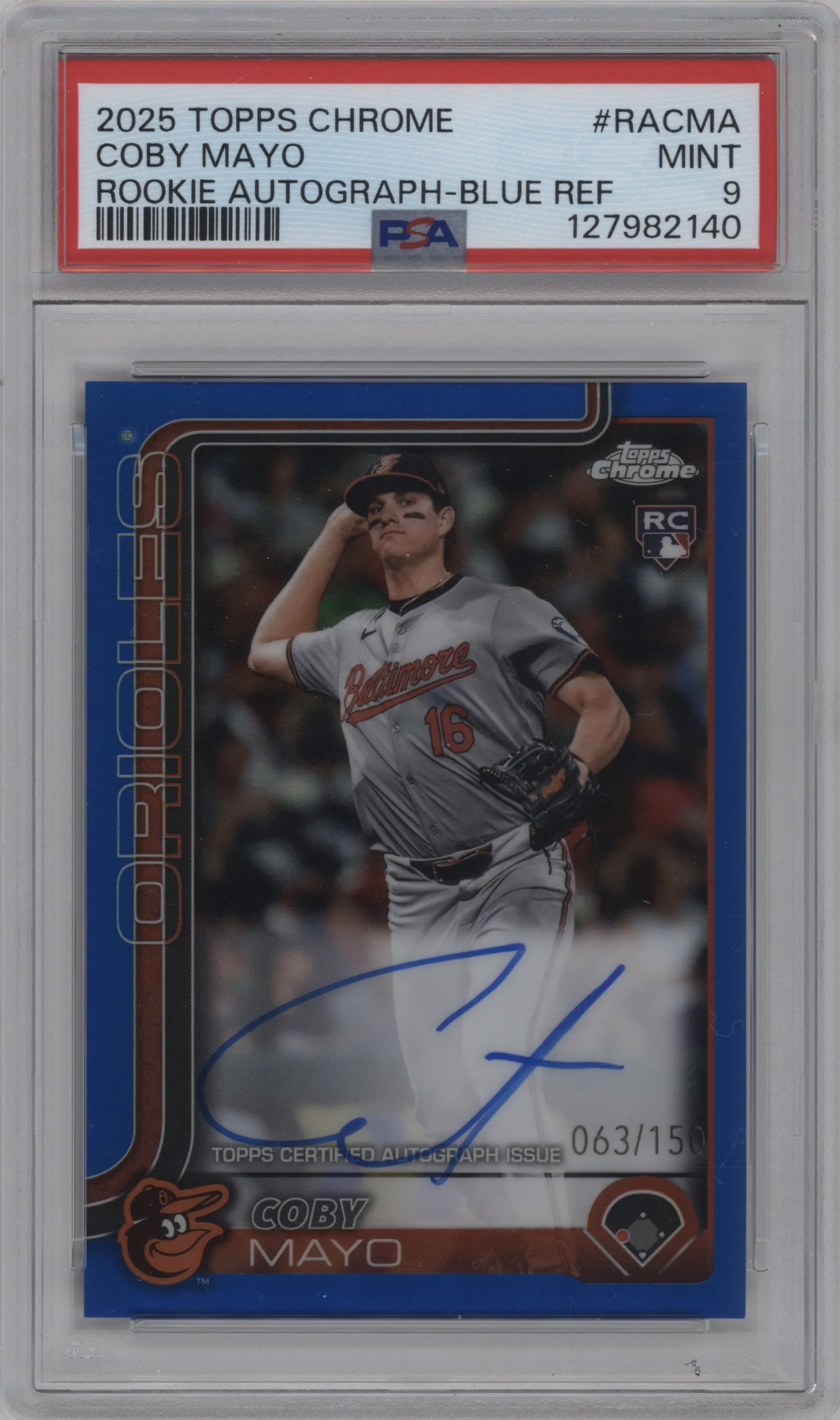 2025 Topps Chrome Rke.Auto Coby Mayo Blue Refractor PSA 9