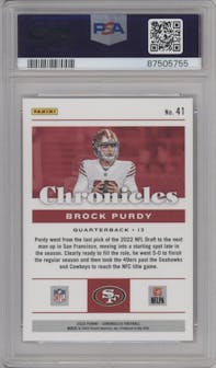 Brock Purdy from the 2022 Panini Chronicles set featuring a Blue parallel graded by PSA and given an overall grade of 10.
