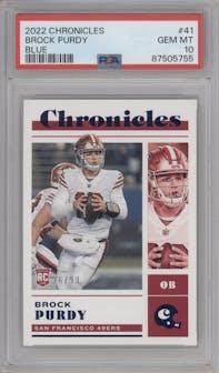 Brock Purdy from the 2022 Panini Chronicles set featuring a Blue parallel graded by PSA and given an overall grade of 10.