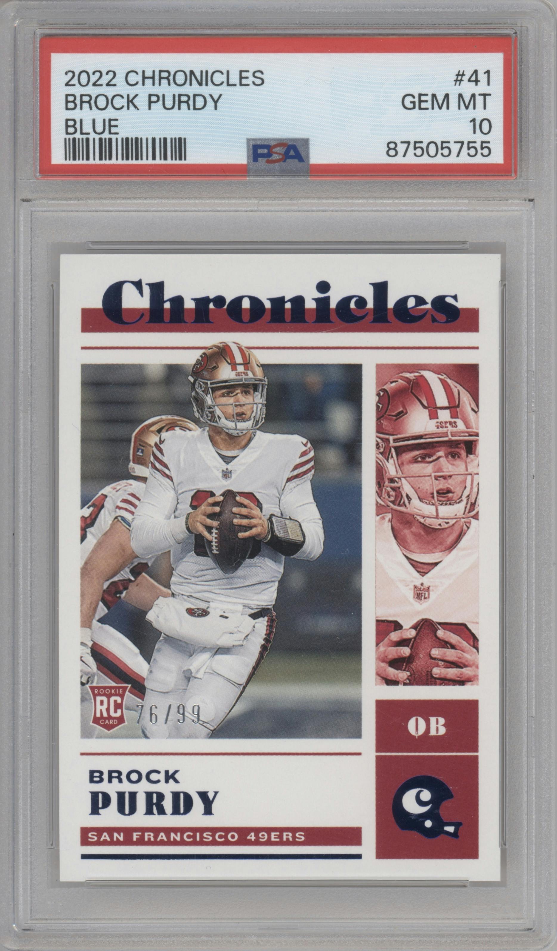 Brock Purdy from the 2022 Panini Chronicles set featuring a Blue parallel graded by PSA and given an overall grade of 10.