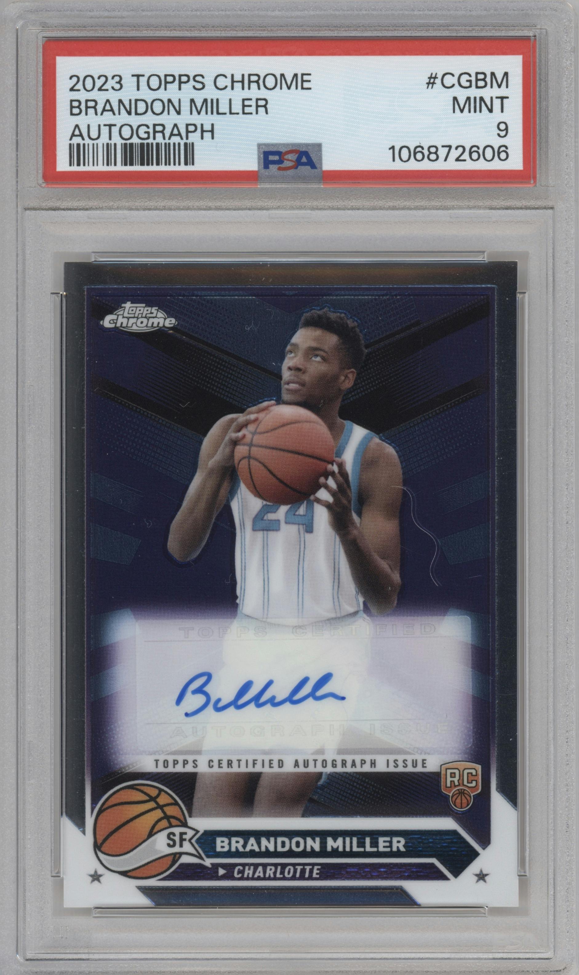 Brandon Miller from the 2023-24 Topps Chrome set graded by PSA and given an overall grade of 9.