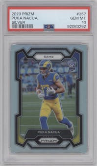 Puka Nacua from the 2023 Panini Prizm set featuring a Silver Prizm parallel graded by PSA and given an overall grade of 10.