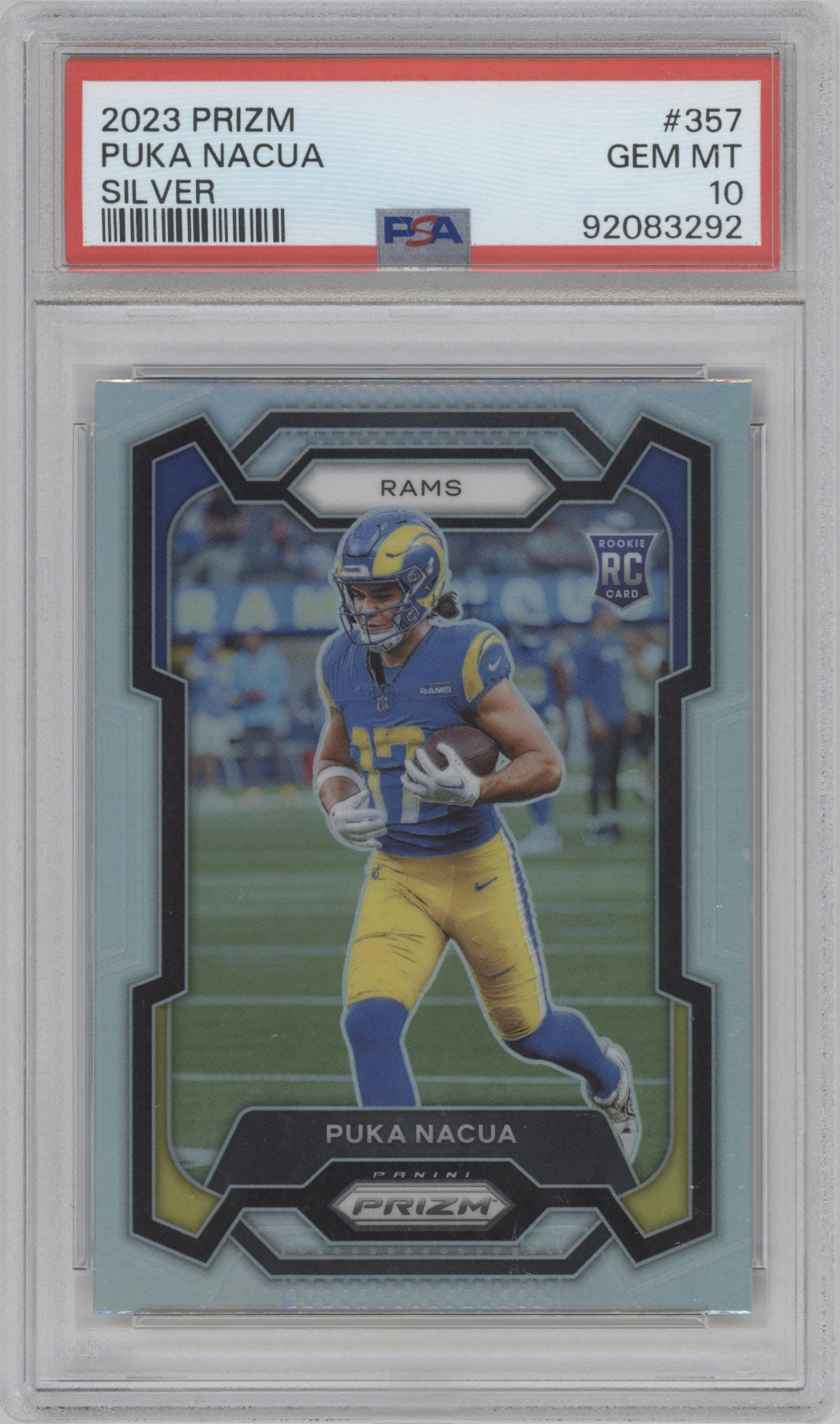 Puka Nacua from the 2023 Panini Prizm set featuring a Silver Prizm parallel graded by PSA and given an overall grade of 10.