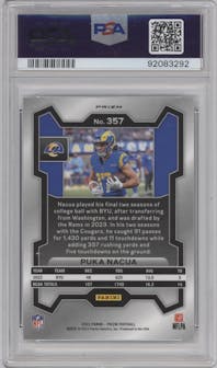 Puka Nacua from the 2023 Panini Prizm set featuring a Silver Prizm parallel graded by PSA and given an overall grade of 10.
